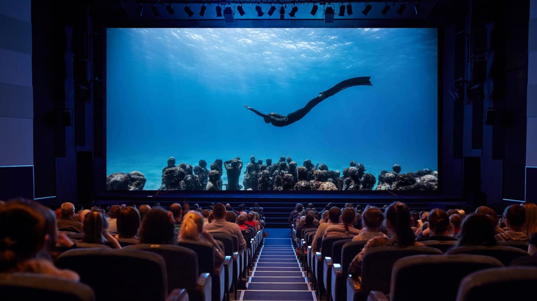 A cinema audience watching a documentary on the big screen