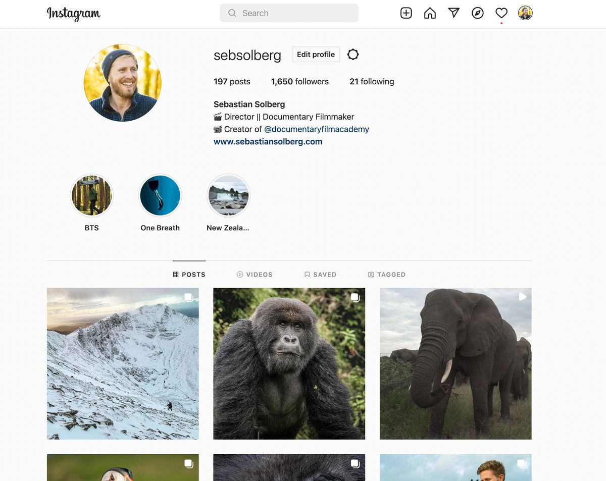 Instagram profile of documentary filmmaker Sebastian Solberg