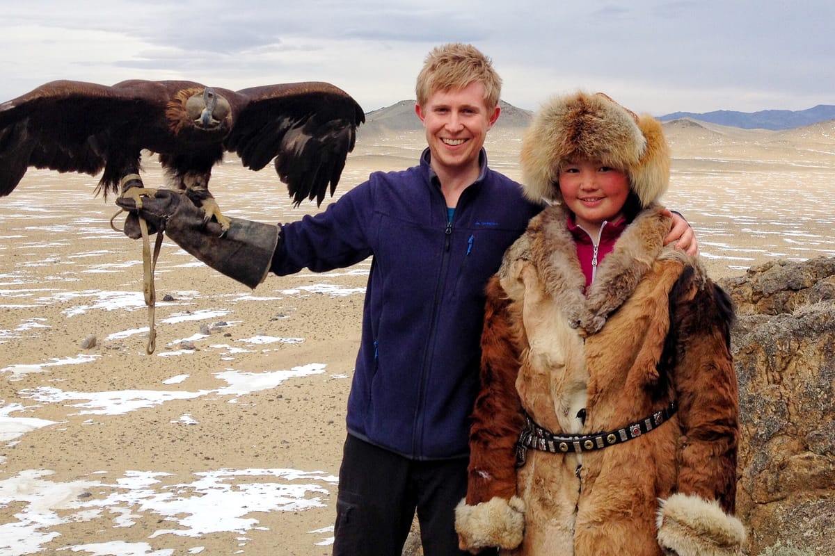 Sebastian Solberg on set of The Eagle Huntress documentary