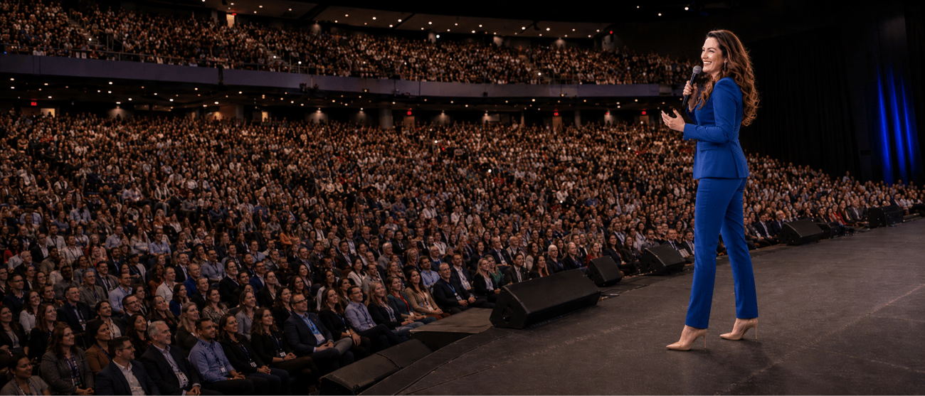 Jaimie Abbott speaking on stage to a full theatre