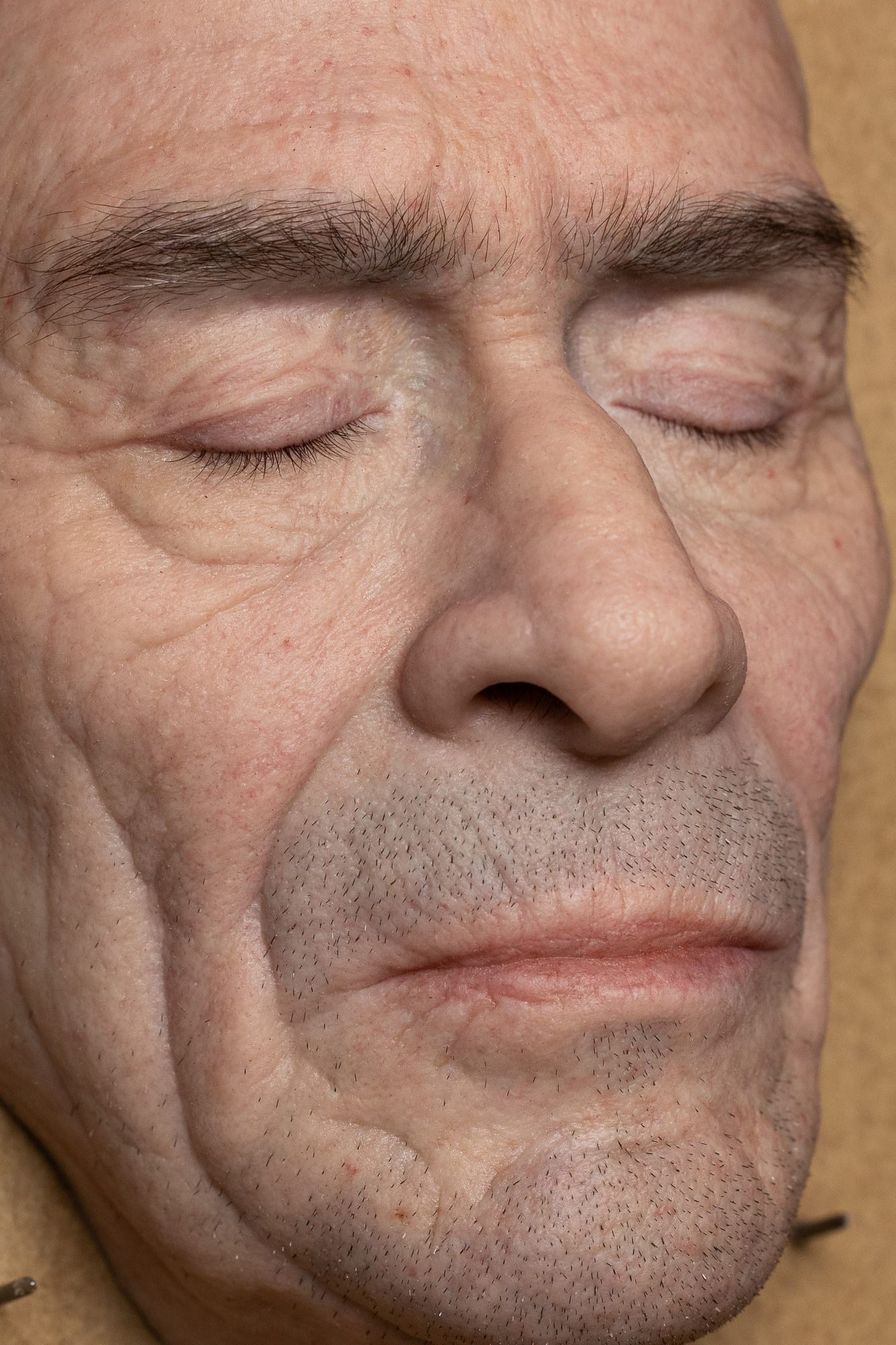 Silicone face with hand-punched eyebrows, eyelashes and stubble by David Malinowski