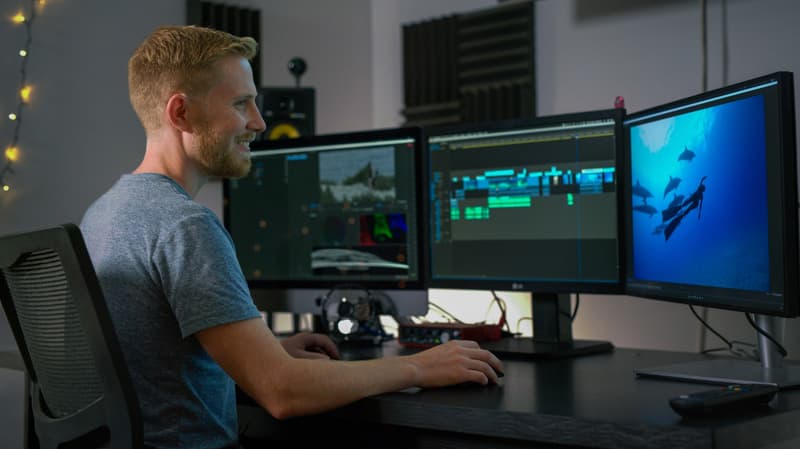 Sebastian editing a documentary