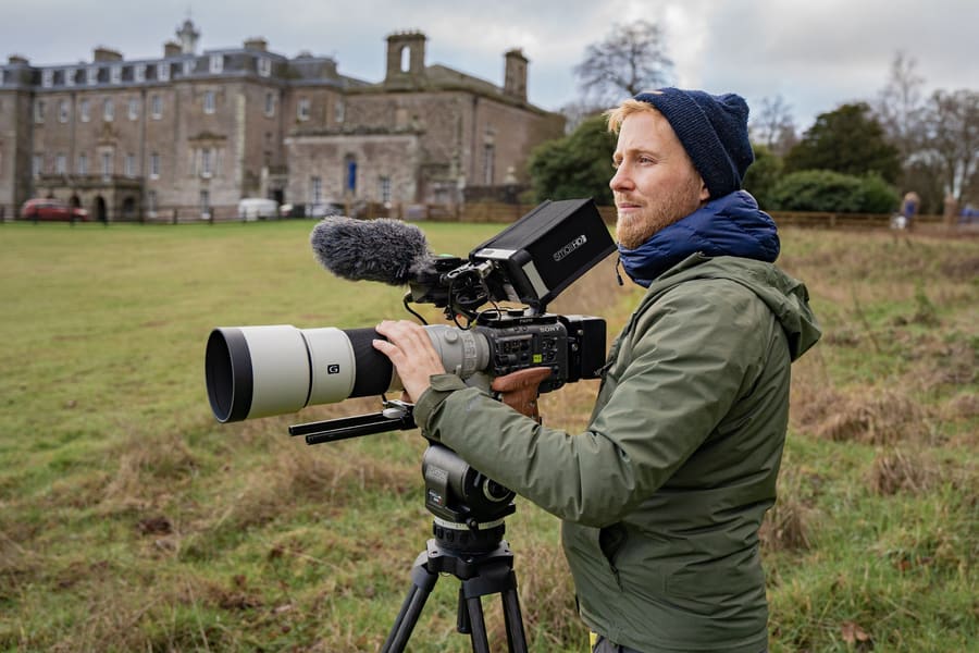 Sebastian Solberg filming with a cinema camera