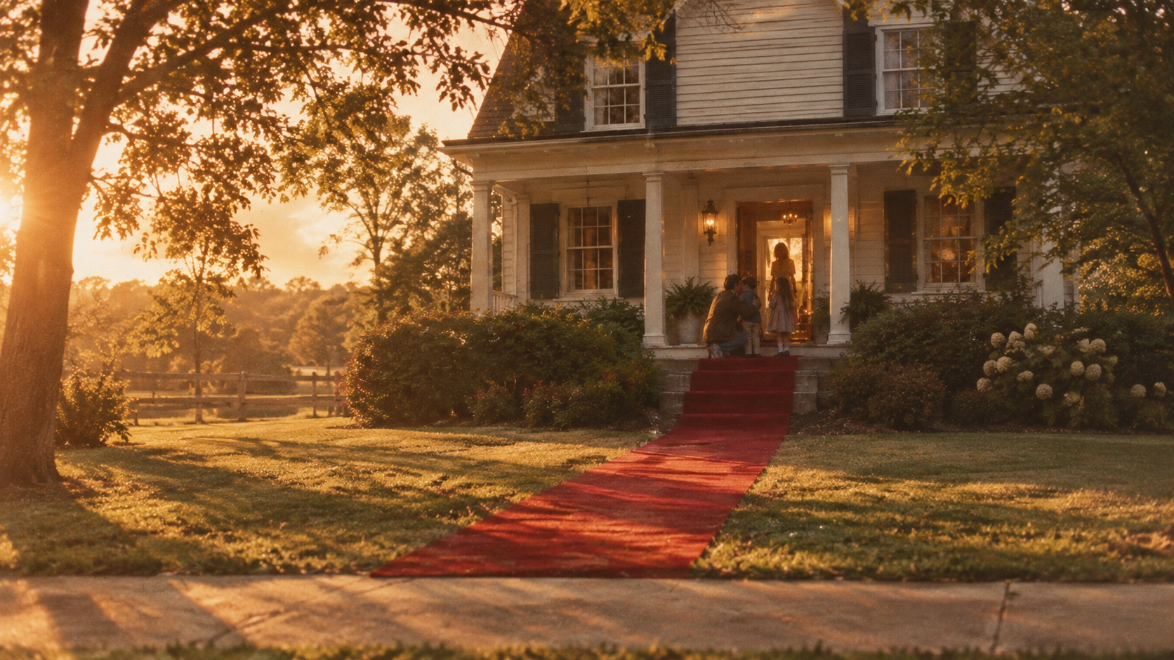 A red carpet leading up the porch steps to the open front door of a family home