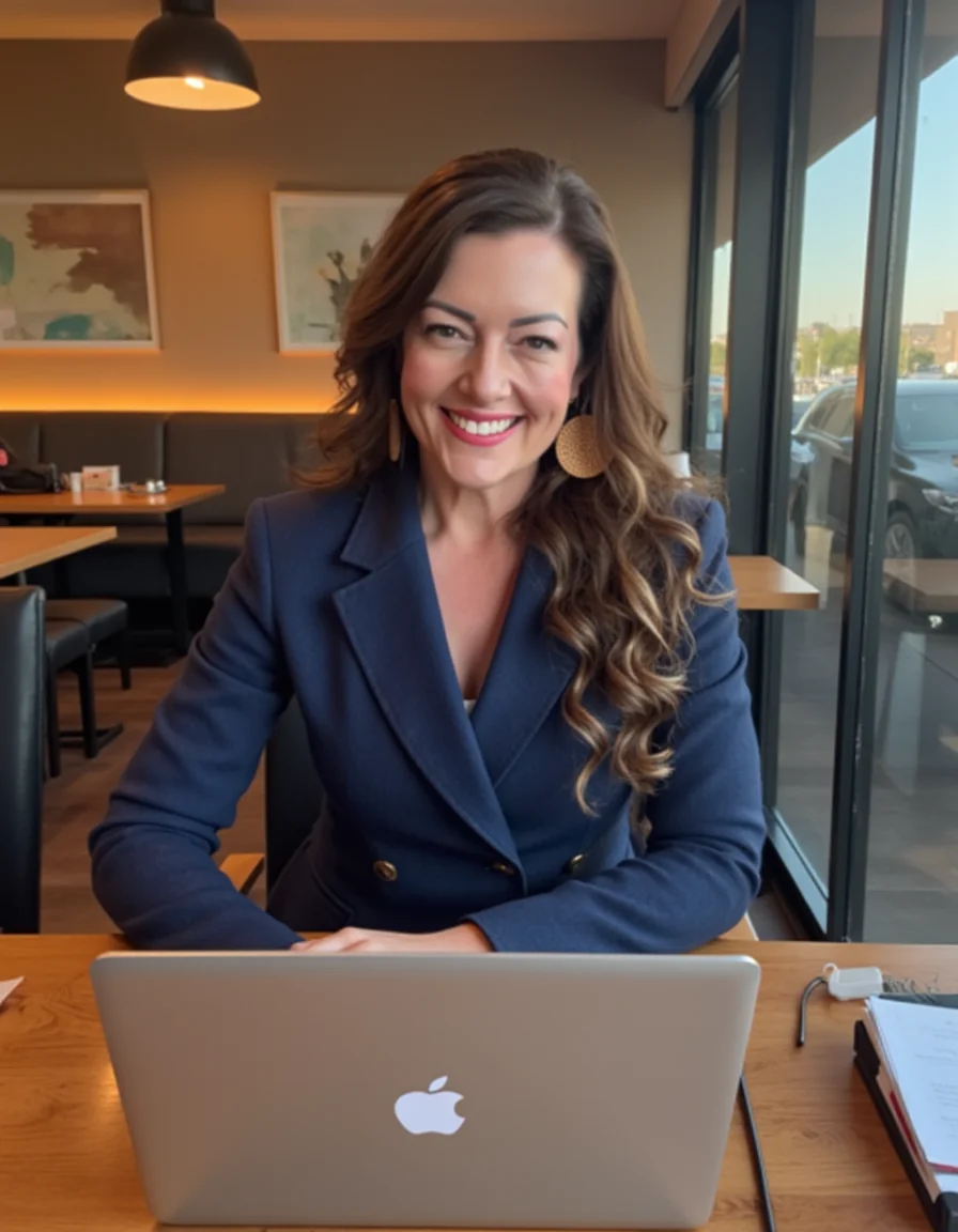 Jaimie Abbott smiling at a laptop in a navy blazer