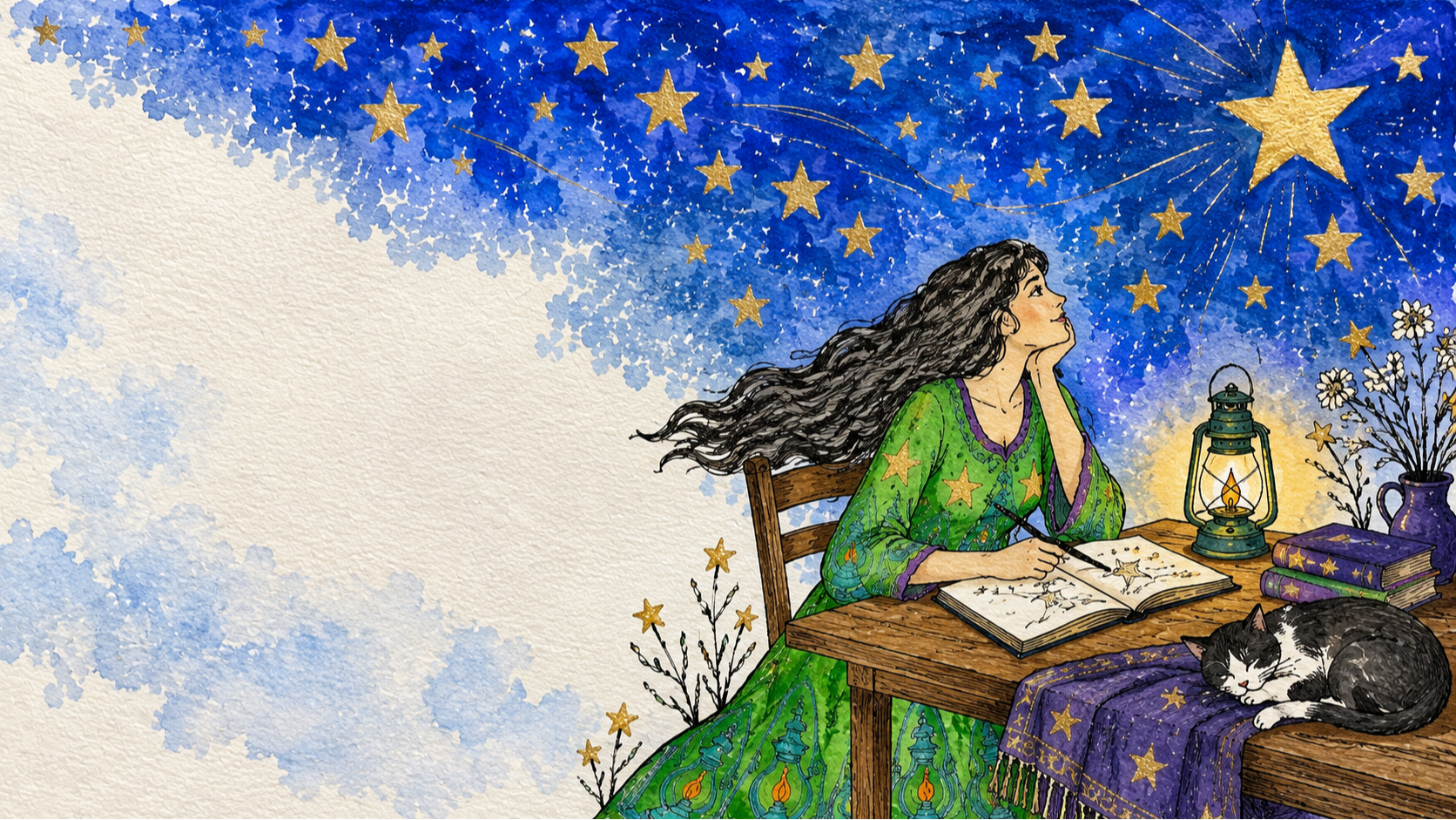 A woman drawing beside a glowing lantern beneath a cobalt watercolor sky filled with gold stars