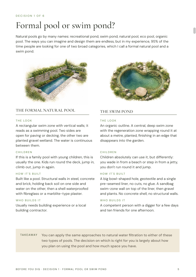Decision 1: formal pool or swim pond, a page from the pack