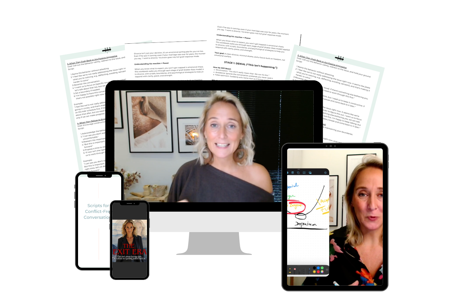 The Exit Era™ shown on computer, tablet, phone and workbook pages