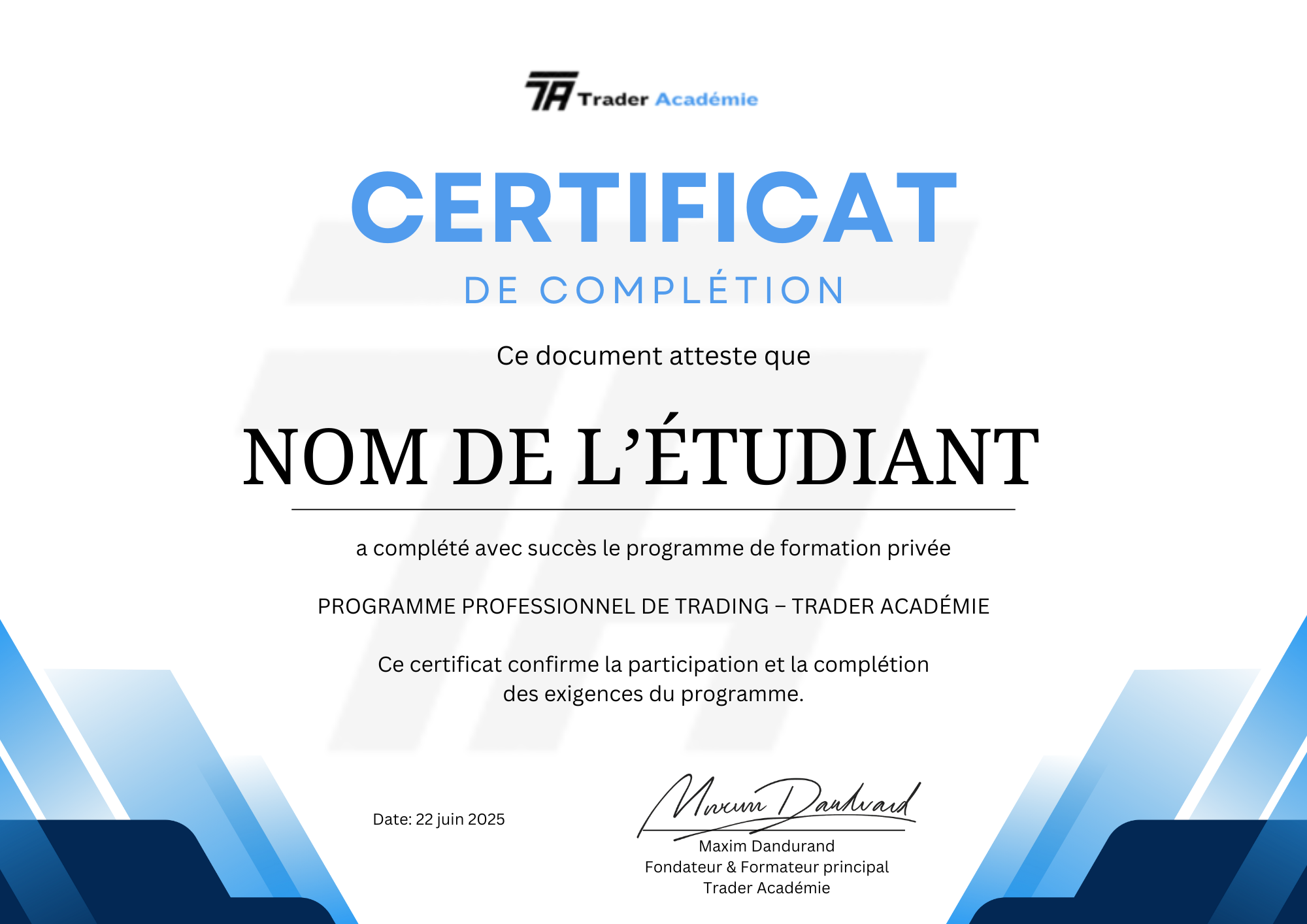Exemple de certificat Trader Académie
