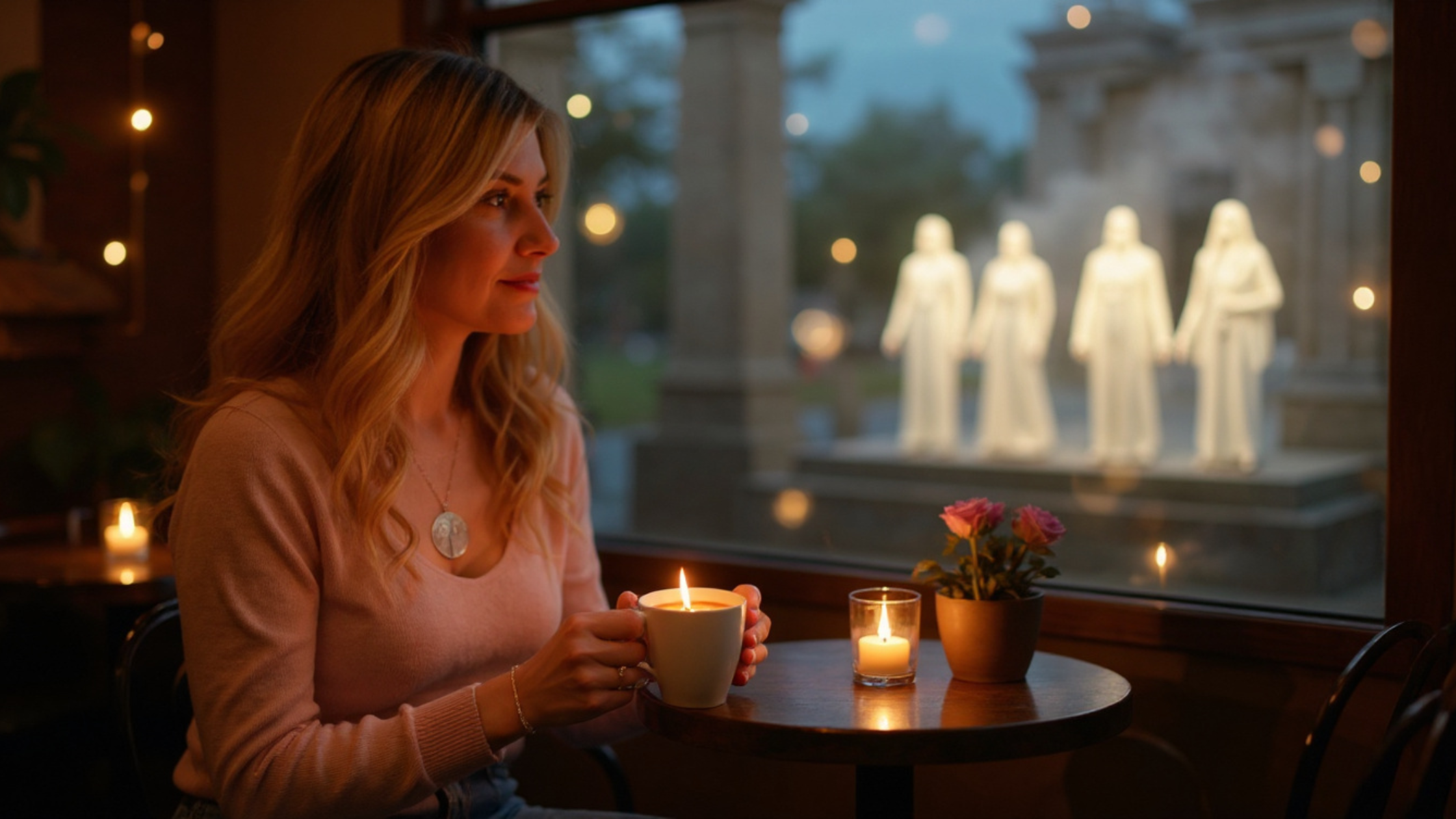 Shanti Lleone in contemplation at a coffee shop, channeling wisdom from The Light Council