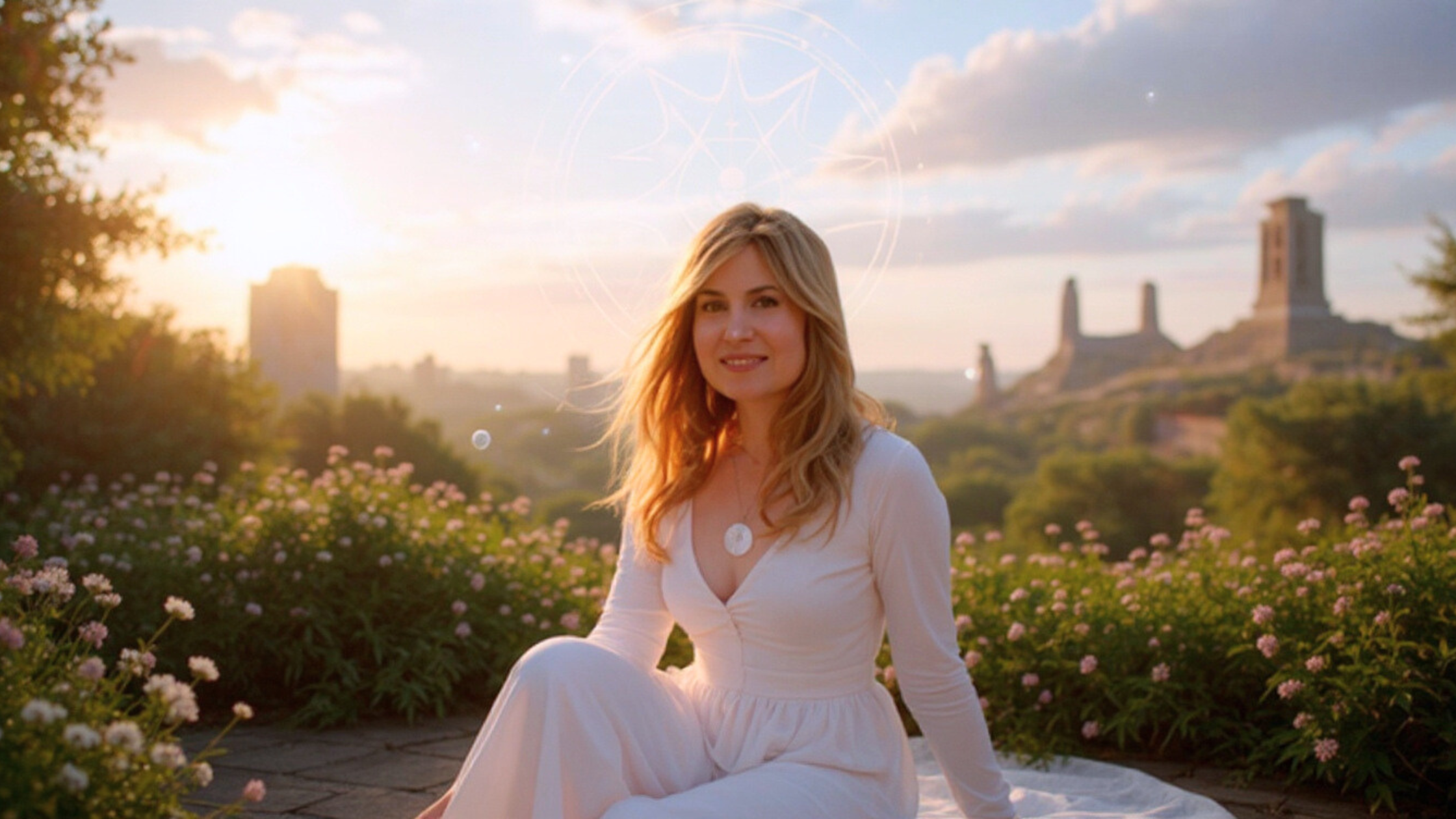 Shanti Lleone in embodied devotion, illuminated by golden sunlight with sacred geometry