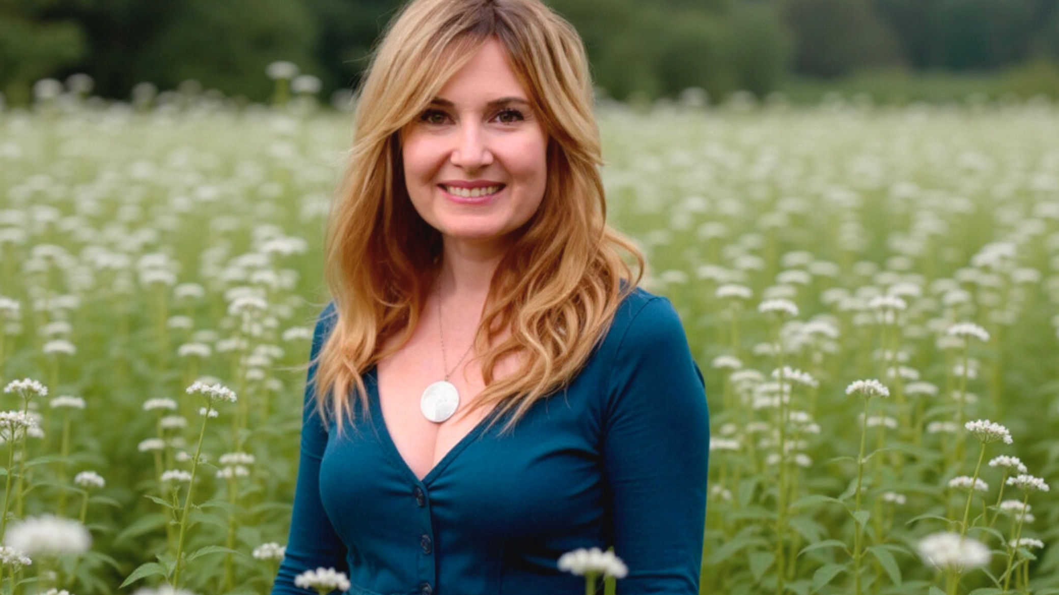 Shanti Lleone in a teal dress standing freely in a field of white flowers, embodying the wild horse metaphor