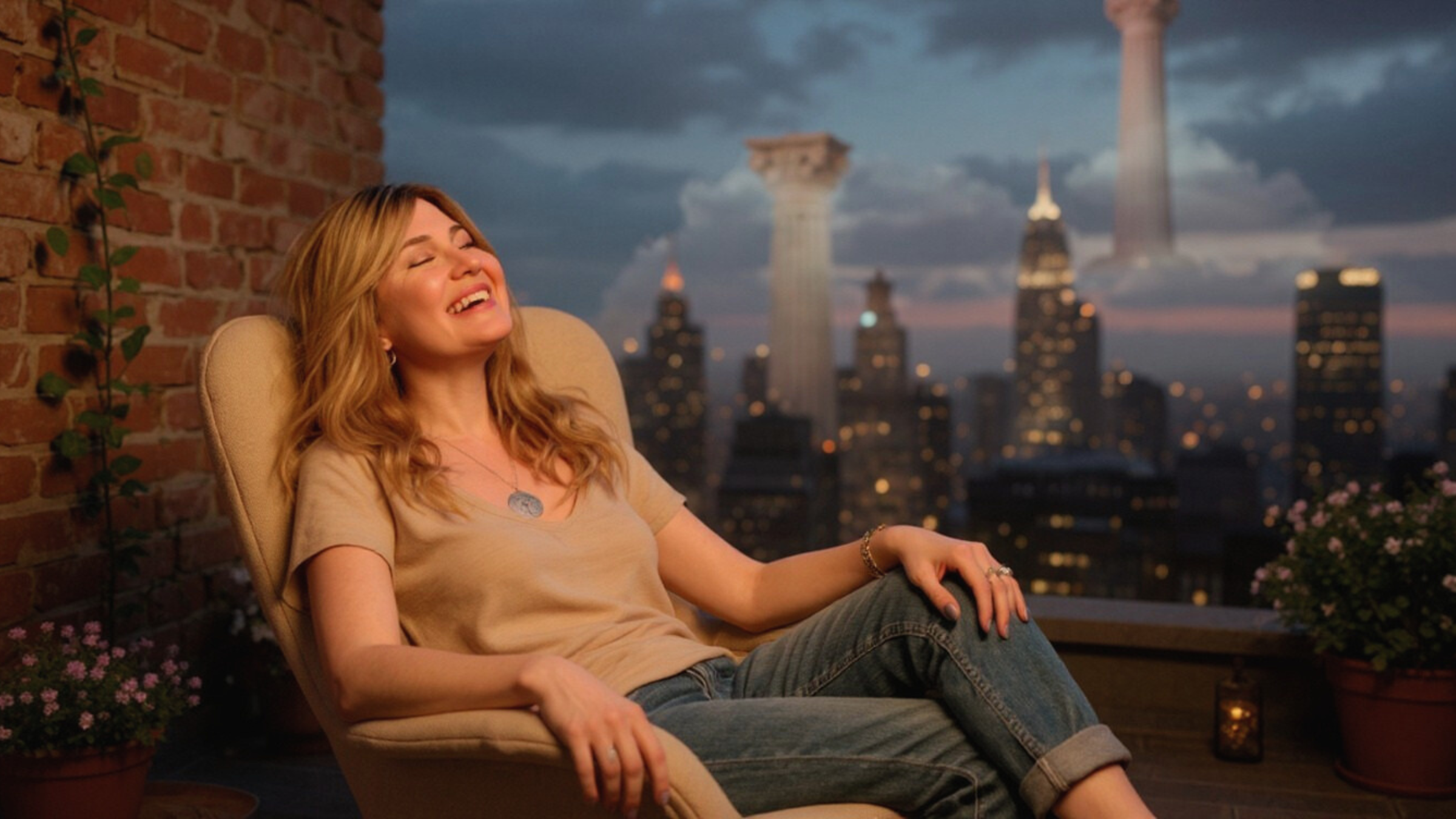 Shanti Lleone in a moment of surrender and release on a rooftop at sunset