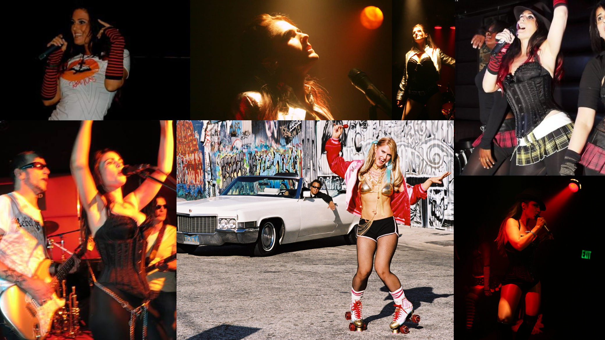 Collage of Shanti Lleone performing on stage in various theatrical productions and concerts, showcasing her performance years