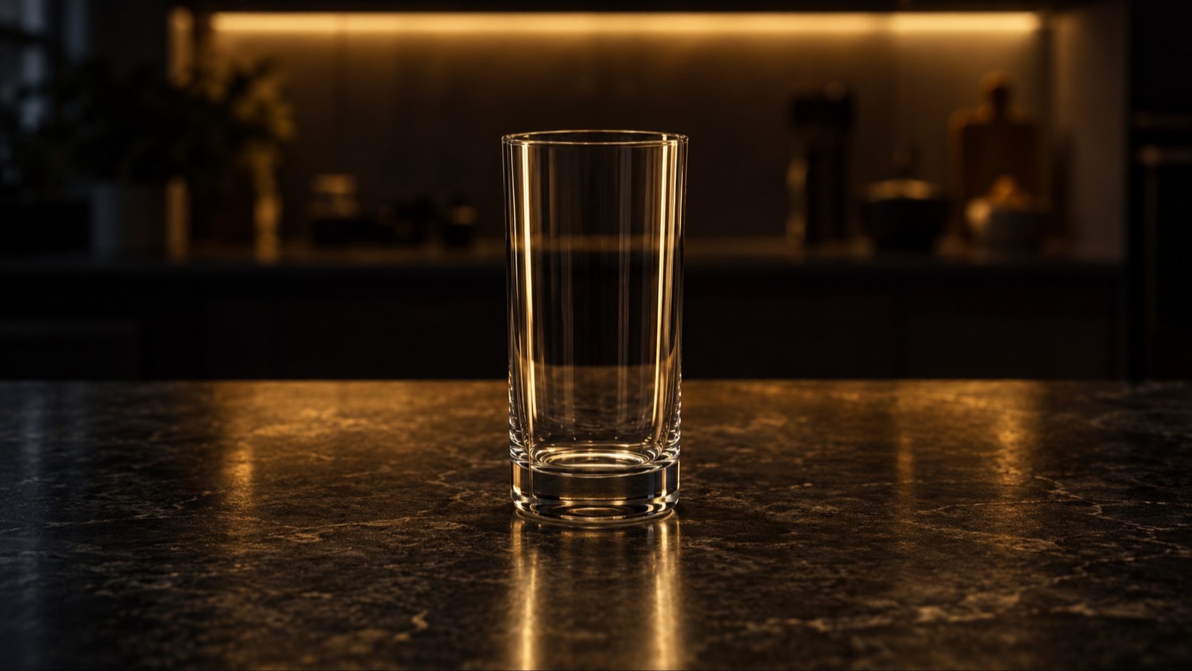 A clear glass on a dark kitchen counter at night.