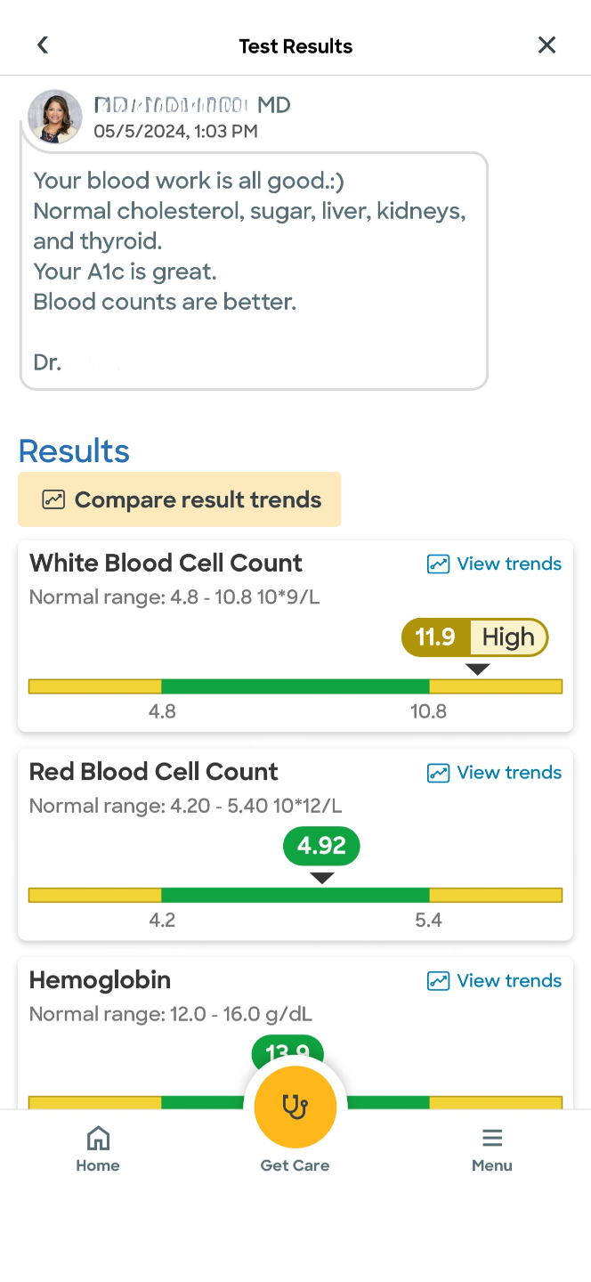 Lab result May 5 2024 showing WBC of 11.9 near normal range