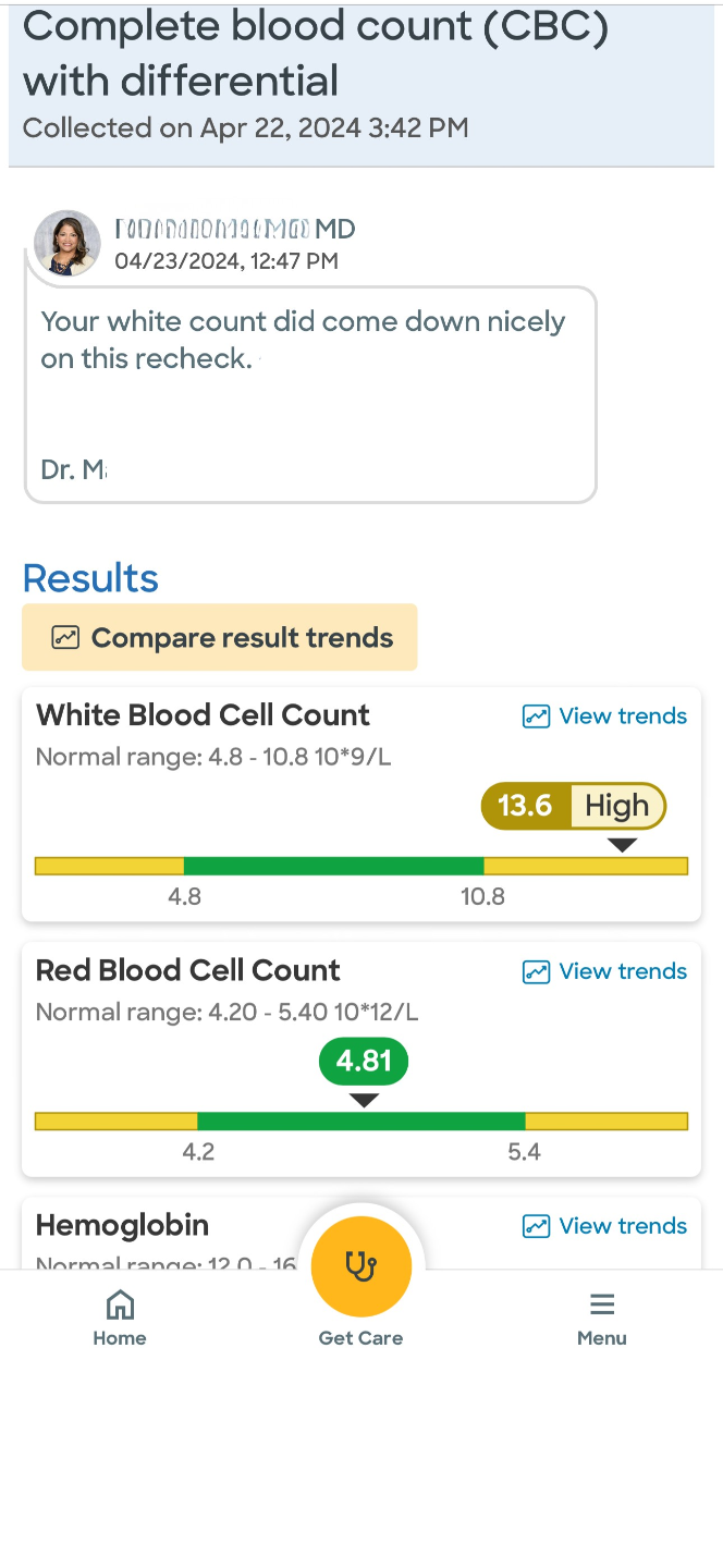 Lab result April 22 2024 showing WBC of 13.6 coming down