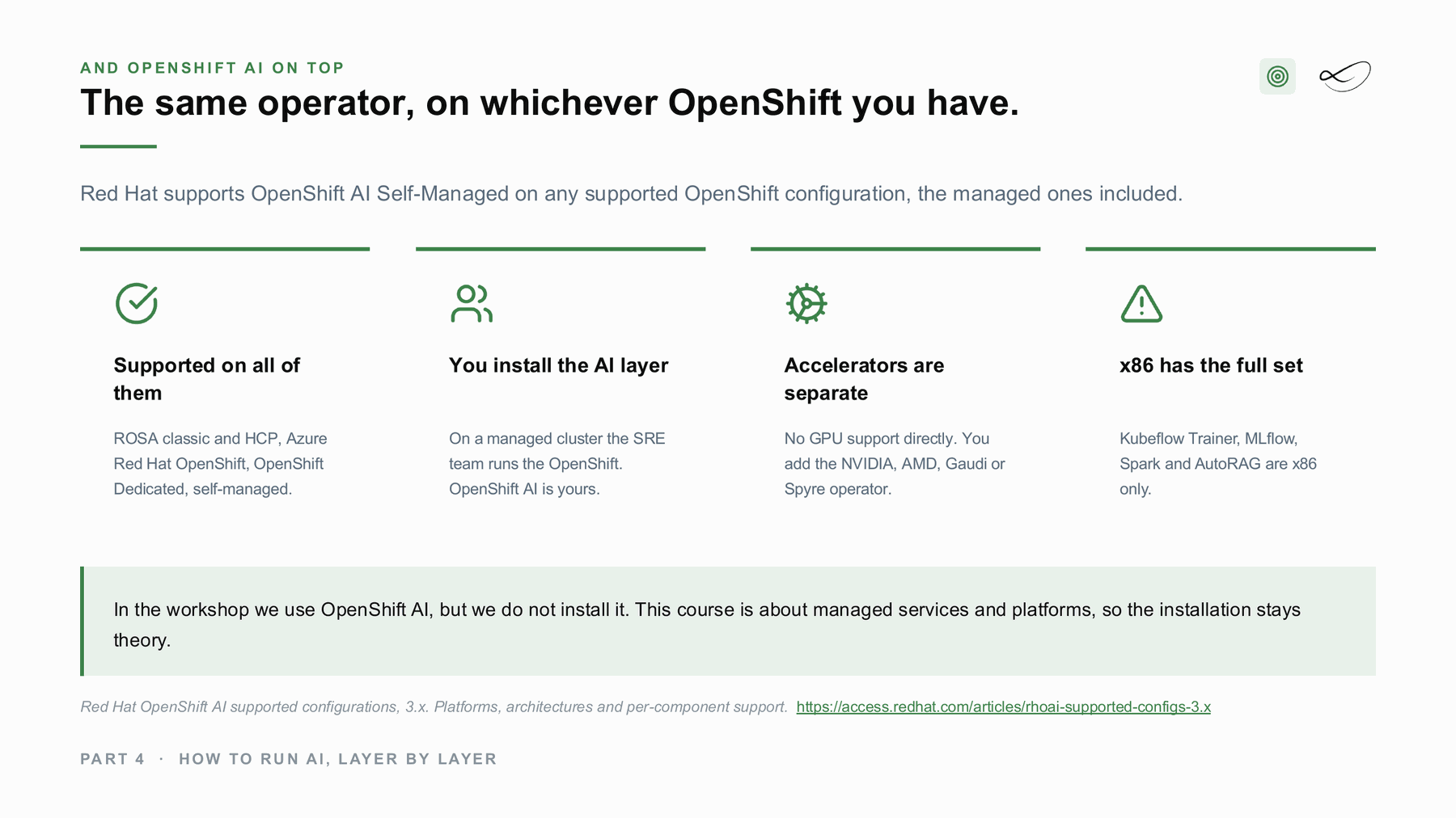 OpenShift AI: the same operator on whichever OpenShift you have, managed or self-managed.