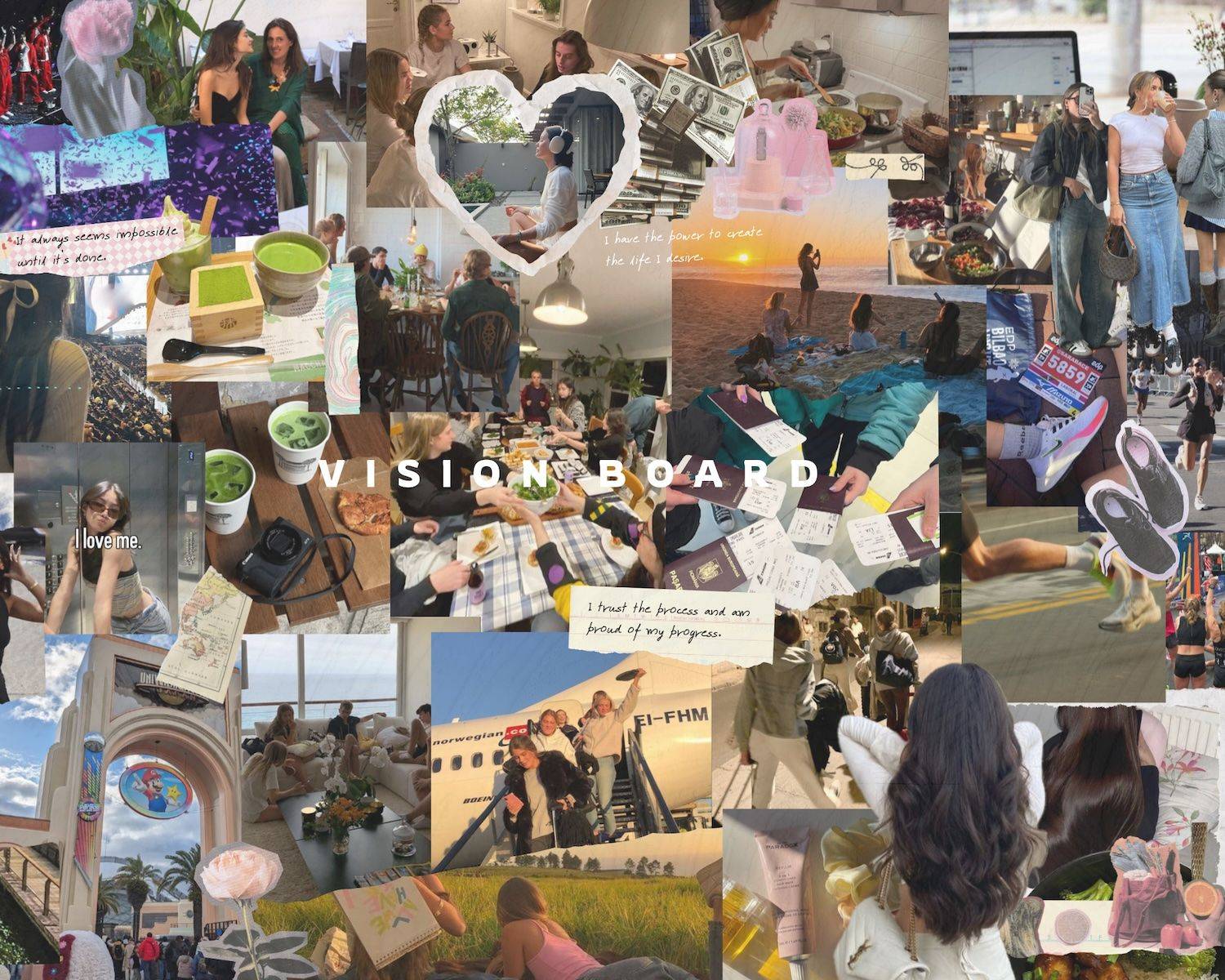Example of a cluttered Vision Board with overlapping images and competing visual elements.