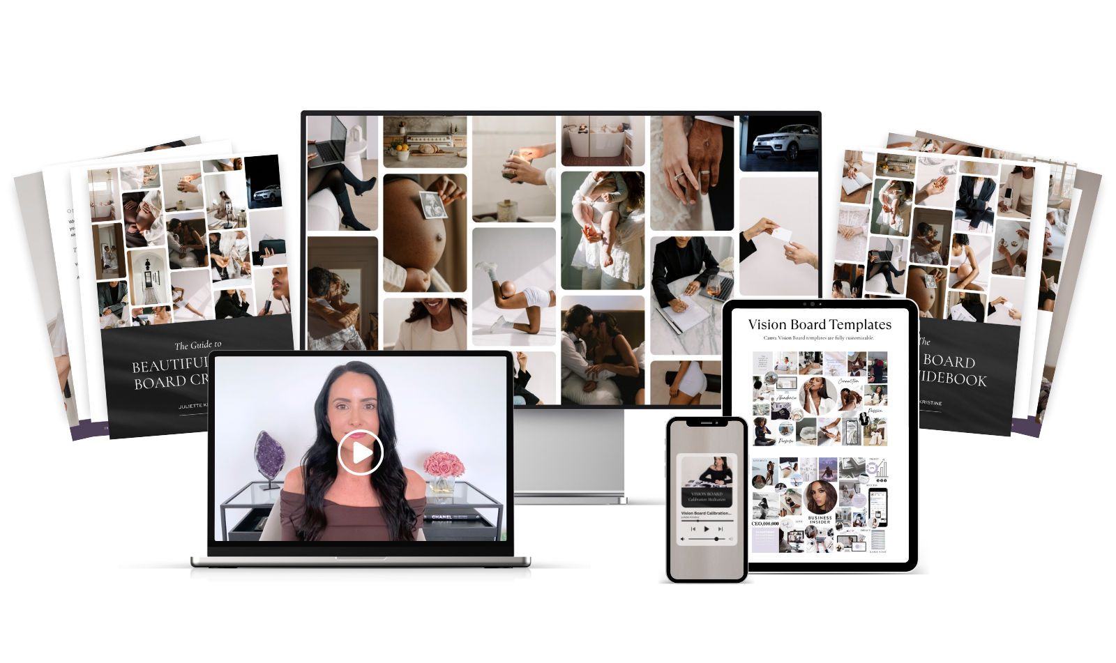 The Vision Board Template Pack by Juliette Kristine, featuring editable Vision Board templates, creative guides, video guidance and meditation.