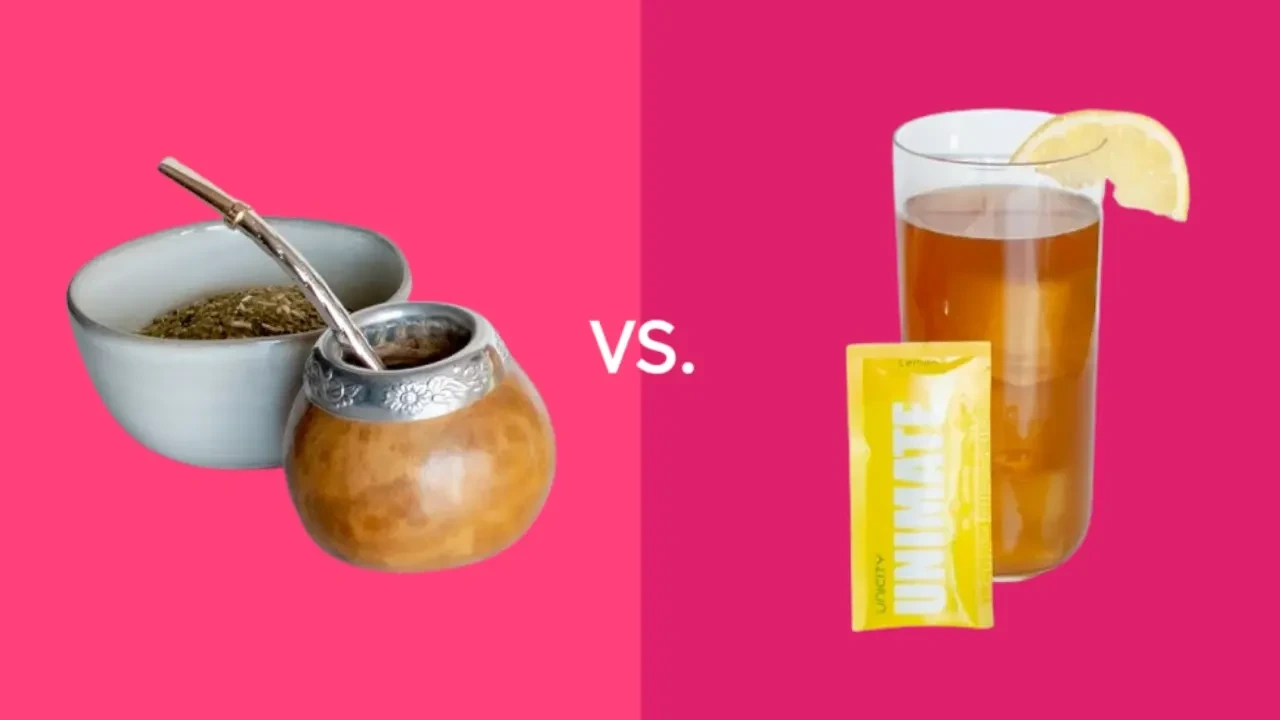 traditional yerba mate cup vs unicity unimate ultra-concentrated yerba mate, glass with lemon, packet of unimate yerba mate