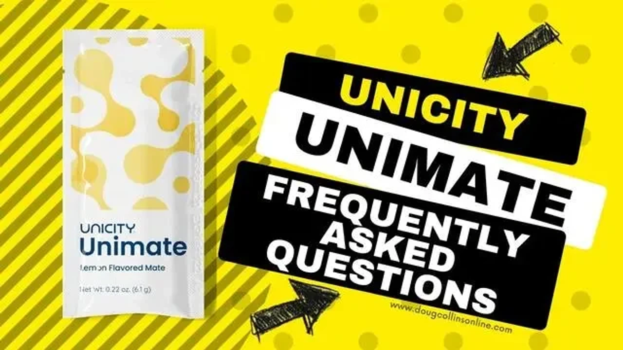 A dynamic FAQ graphic showcasing Unicity Unimate yerba mate drink with a yellow and black color scheme, complemented by a vibrant striped background, suggesting a refreshing and energetic product experience.