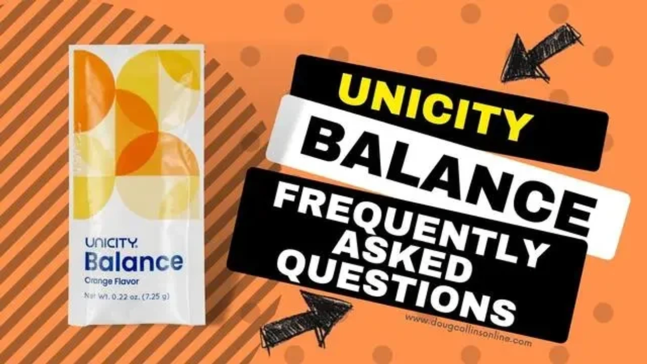 An engaging FAQ graphic for Unicity Balance fiber matrix with orange striped background, featuring the product package and bold text banners for the Feel Great System, hinting at health and wellness content.