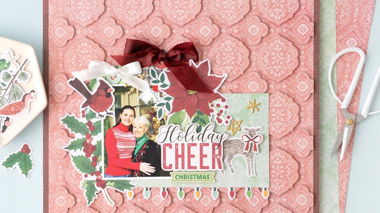 holiday scrapbook layout using vicki boutin evergreen and holly papercrafting kit