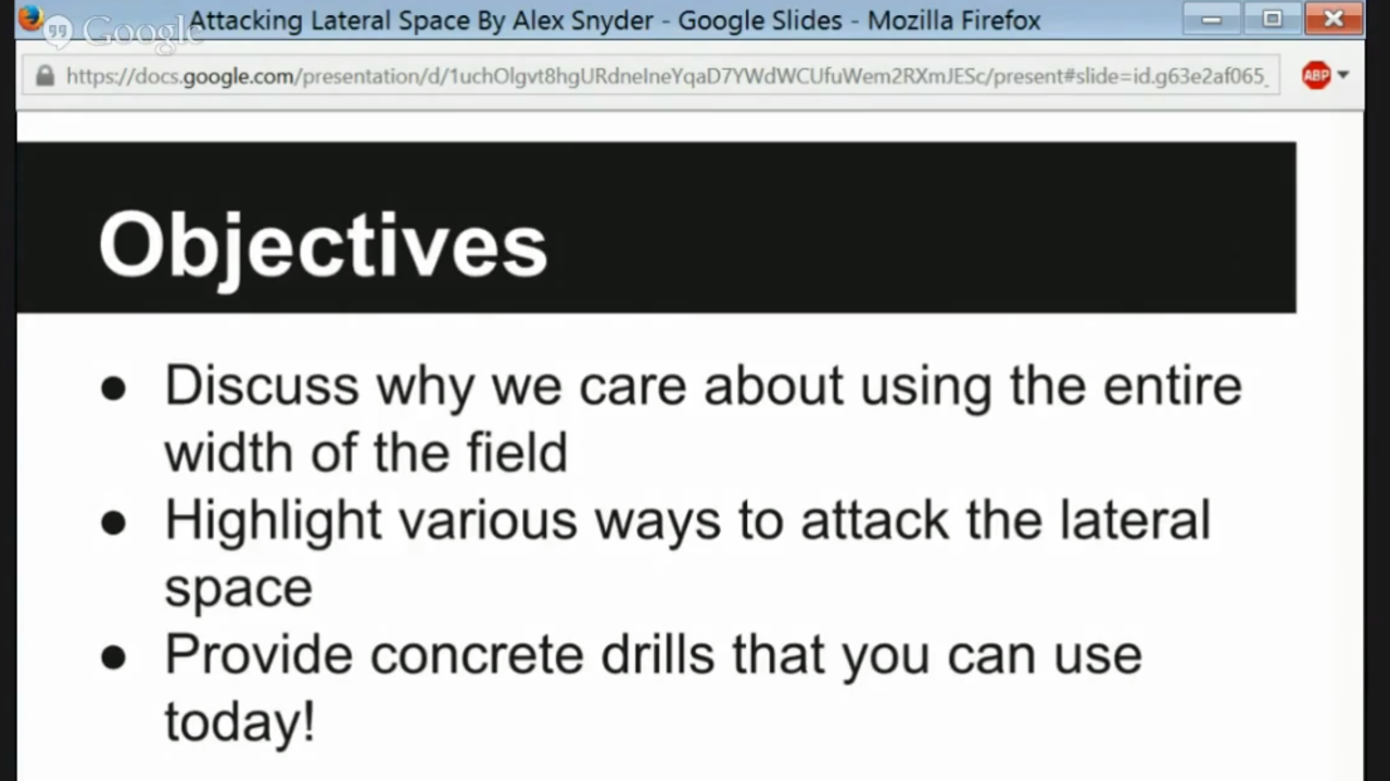 A slide from Alex Snyder's presentation showing the objectives of her presentation on Attacking Lateral space on the ultimate frisbee field