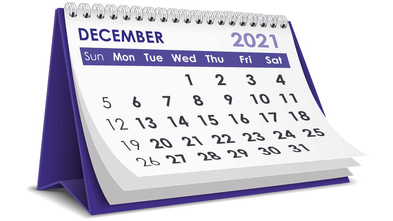 Image of a calendar depicting the month of December 2021