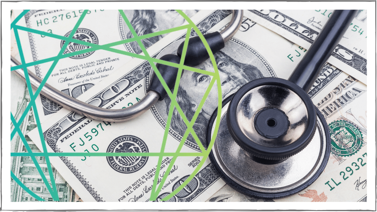 A background of cash with a stethoscope and enneagram in the foreground.