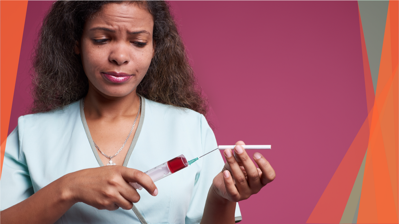 Nervous woman draws blood