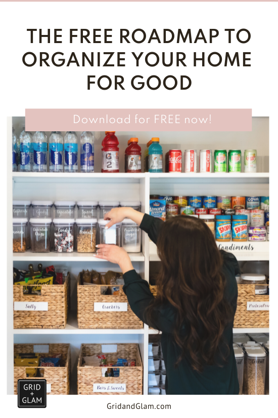 graphic of professionally organized pantry with title 'The Free Roadmap to Organize Your Home for Good'