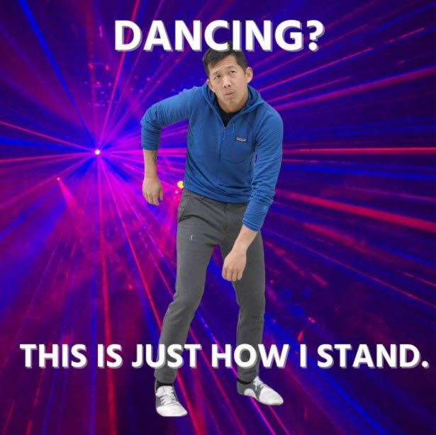 A meme of Matt Hsu, the founder of Upright Health, standing with horrible posture