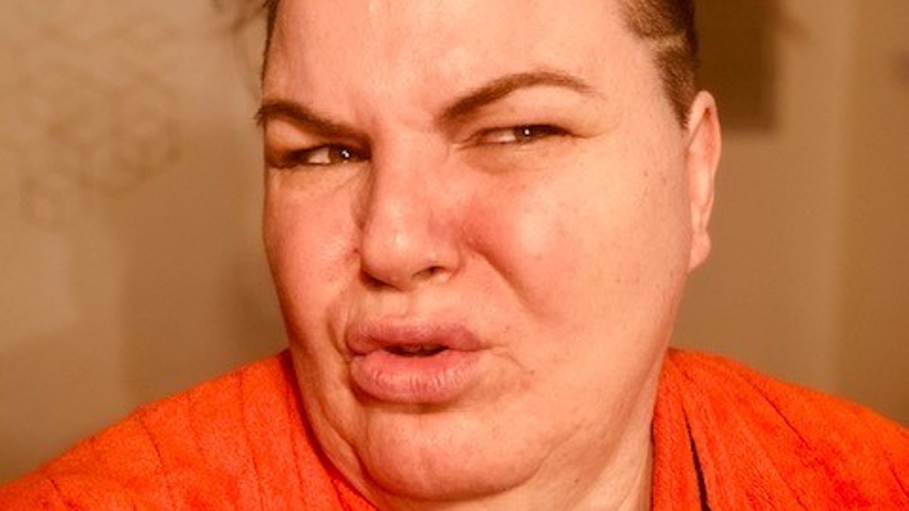 A close up selfie of a lady pulling a face.