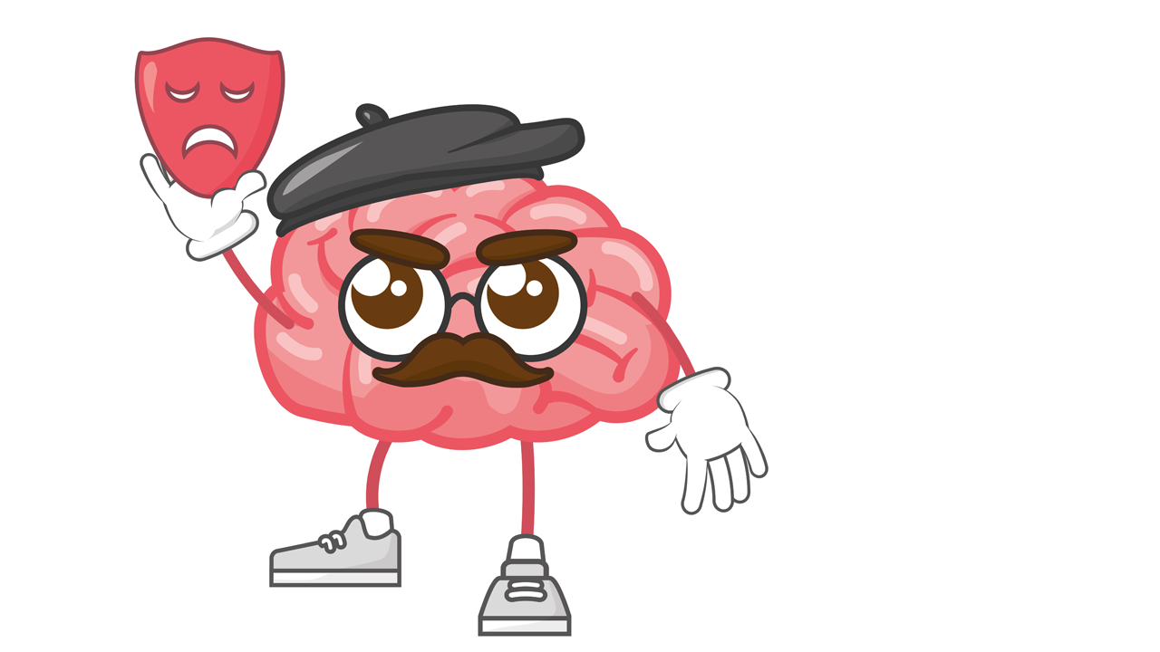 cartoon drawing of a brain holding a dramatic mask