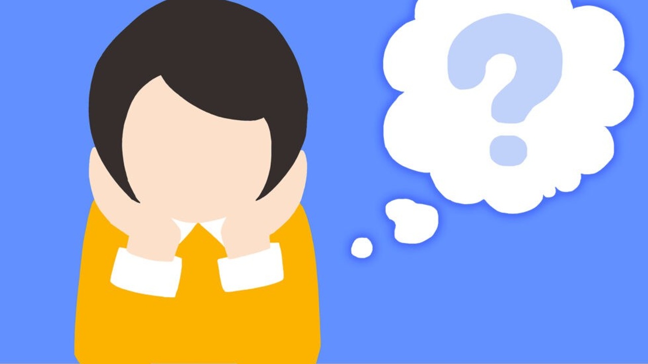 cartoon image of woman with thought bubble containing question mark