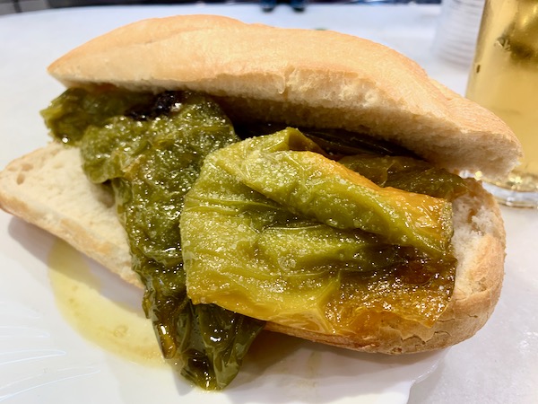 One of the best vegetarian tapas in Madrid: a fried pepper sandwich.