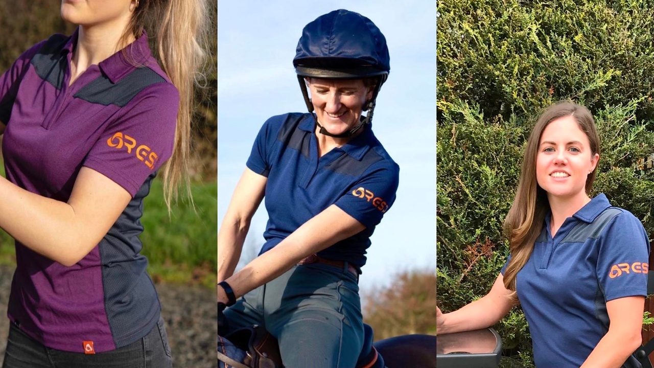 A triptych of photos showing three horsewomen wearing an equestrian athletes tee shirt, a close up of the deep purple and an in the saddle of the Peacoat blue. A lady wearing Peacoat blue is relaxing at a table 