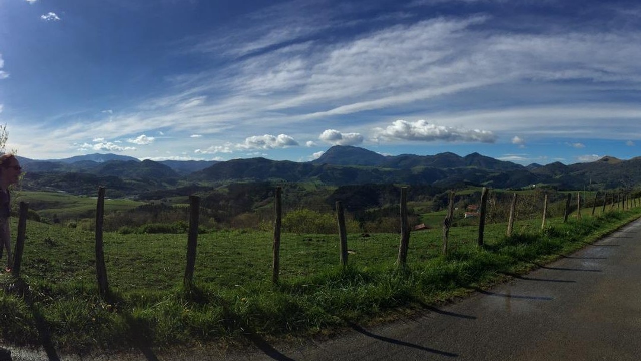 A photo of the walk through the Camino de Santiago, portraying a fence and in the background hills and clouds