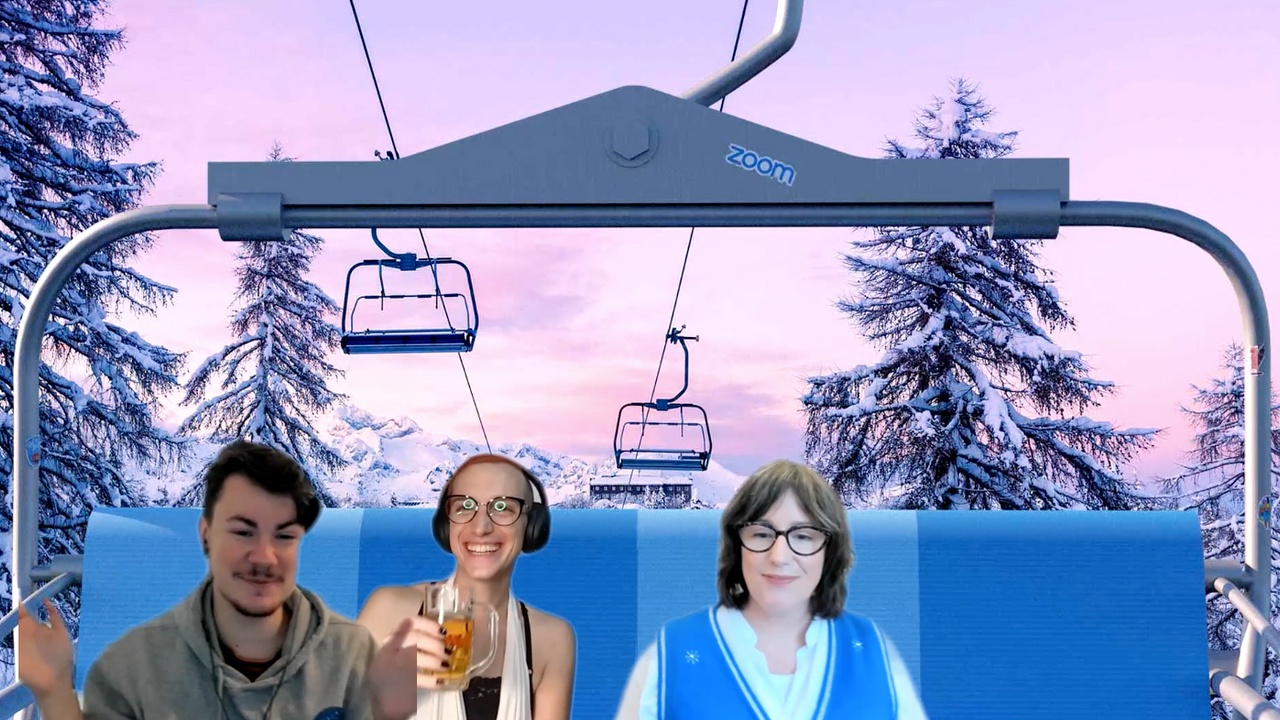 Isaac, Emma and Cyn take to the snow-capped mountains of Zoom-background-mayhem and get festive for December connection
