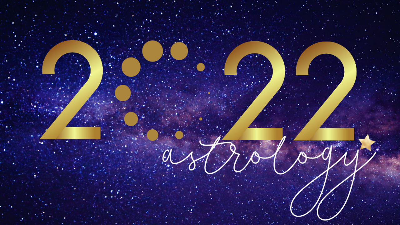 A sneak preview of the astrology for 2022 on a purple starry background. 2022 in gold numbers and astrology in white cursive script.