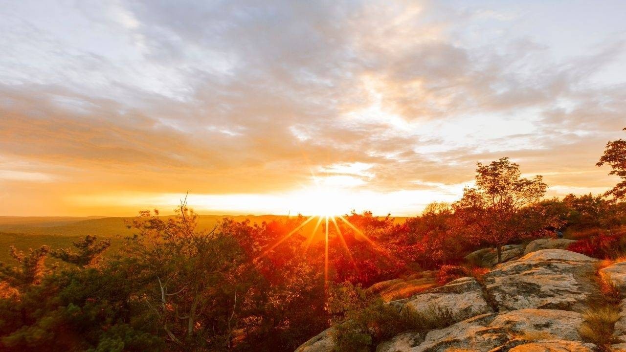 Beautiful sunrise from a high vantage point overlooking fall colored forest.