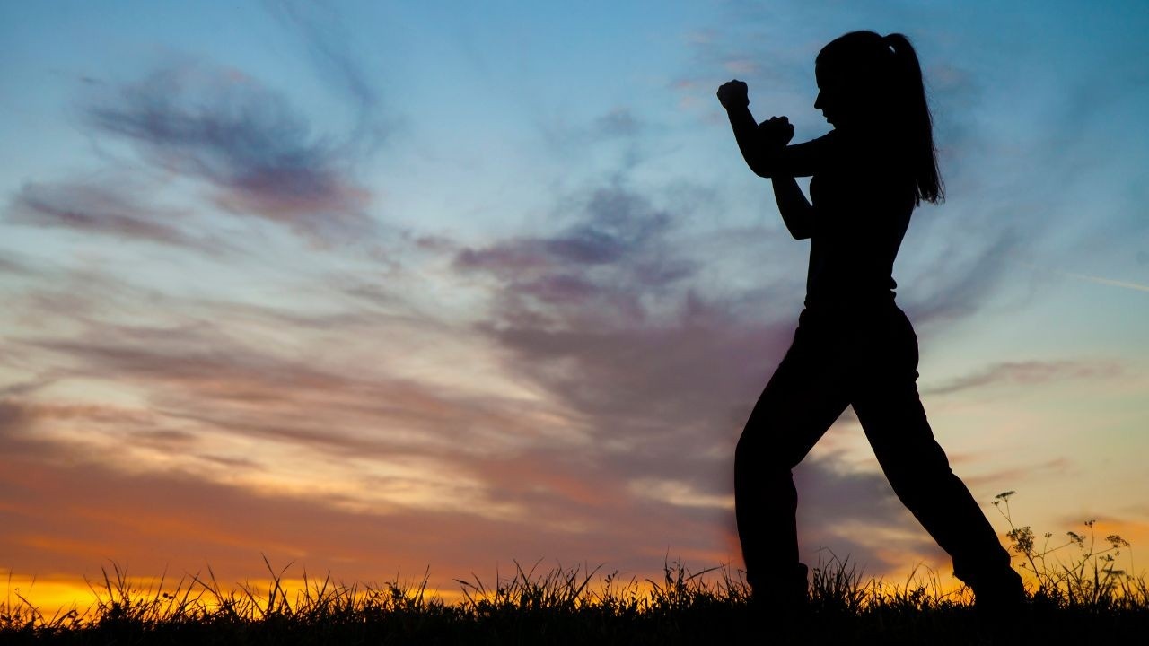 Woman in silhouette in a boxing stance, the sky is colorful with s set sun.