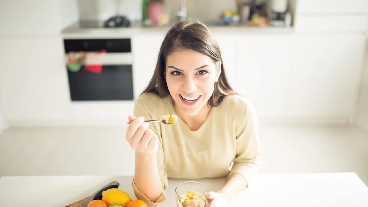 Happy Woman Eating Diet Affects Skin 