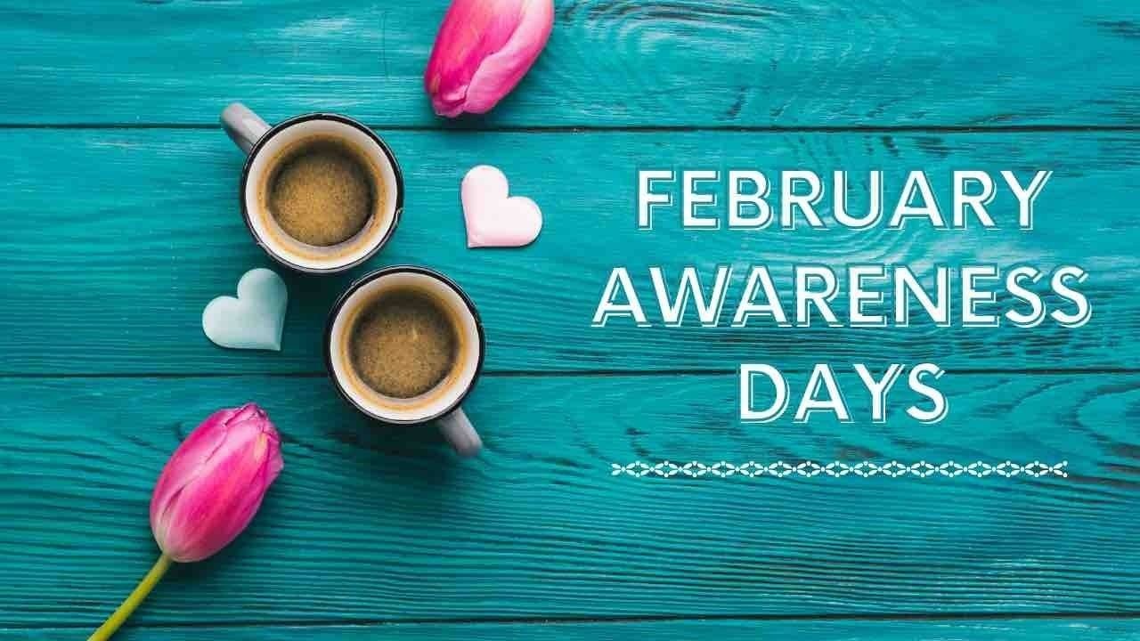 Pink tulips and two coffee cups on a blue background with hearts around them. February awareness days.