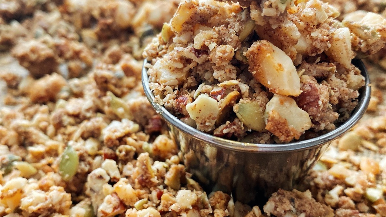 granola nuts and seeds in a metal cup 