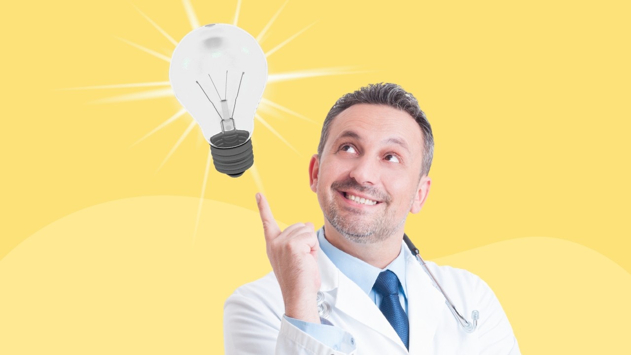 A doctor pointing to a light bulb with a bright idea on a yellow background.