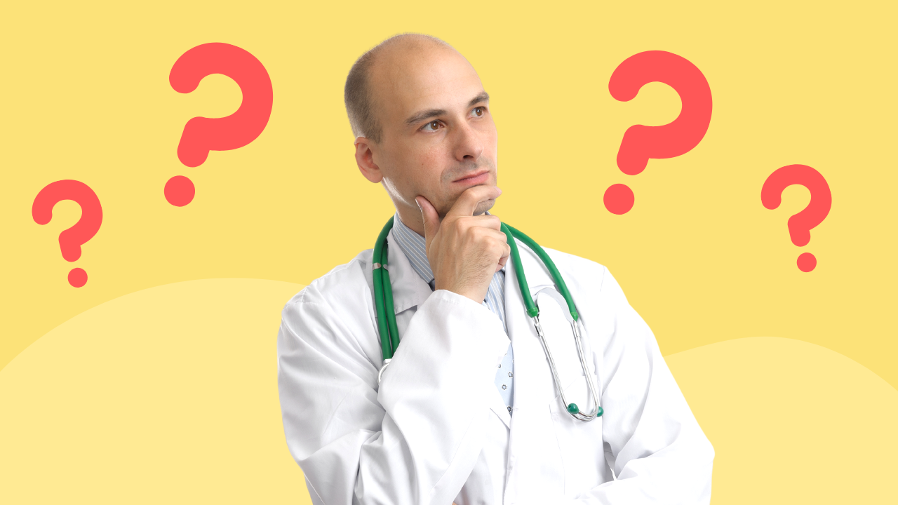 A contemplative doctor with question marks around his head on a yellow background.