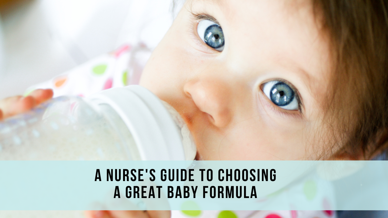 A baby with blue eyes looks at the camera while drinking a bottle of baby formula. Choosing a baby formula can be easy.